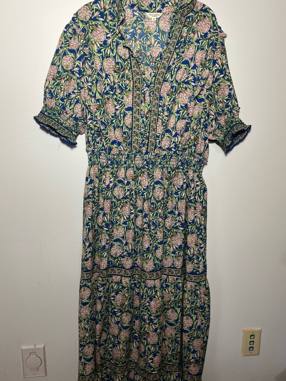 Max Studio Navy Floral Smocked-Waist Maxi Dress with Pink Blooms
